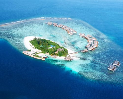 Group of atolls and islands in Maldives from aerial view